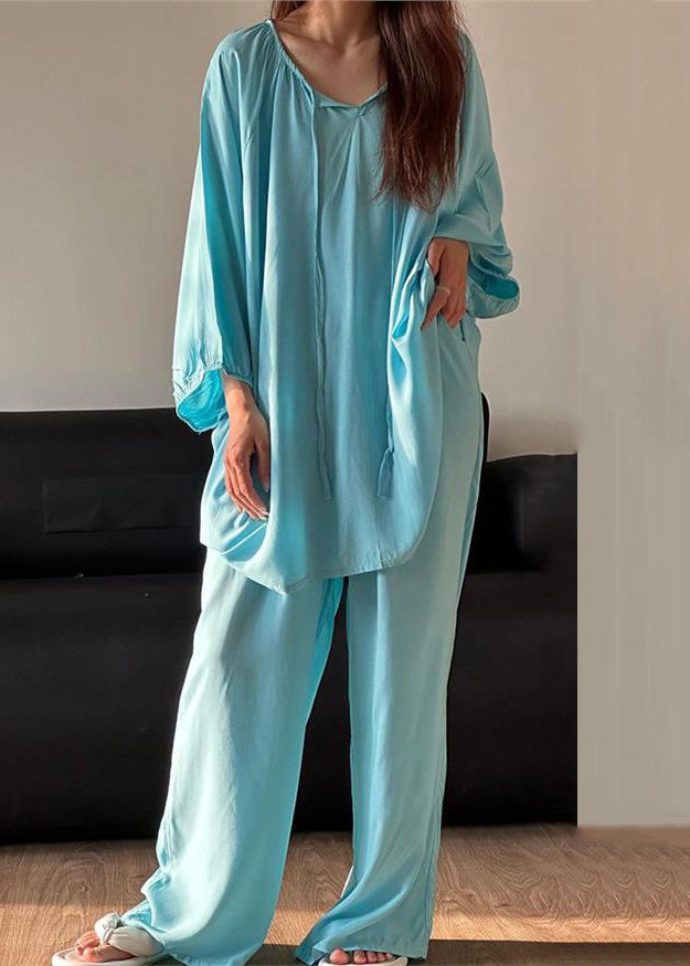 Simple Blue O Neck Lace Up Solid Cotton Pajamas Two Piece Set Fall