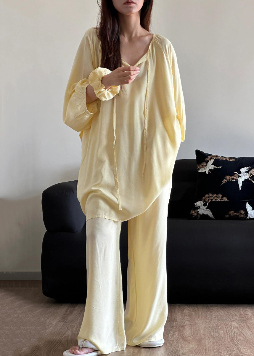 Simple Blue O Neck Lace Up Solid Cotton Pajamas Two Piece Set Fall
