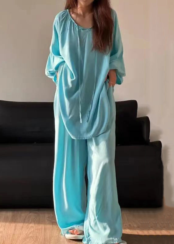 Simple Blue O Neck Lace Up Solid Cotton Pajamas Two Piece Set Fall
