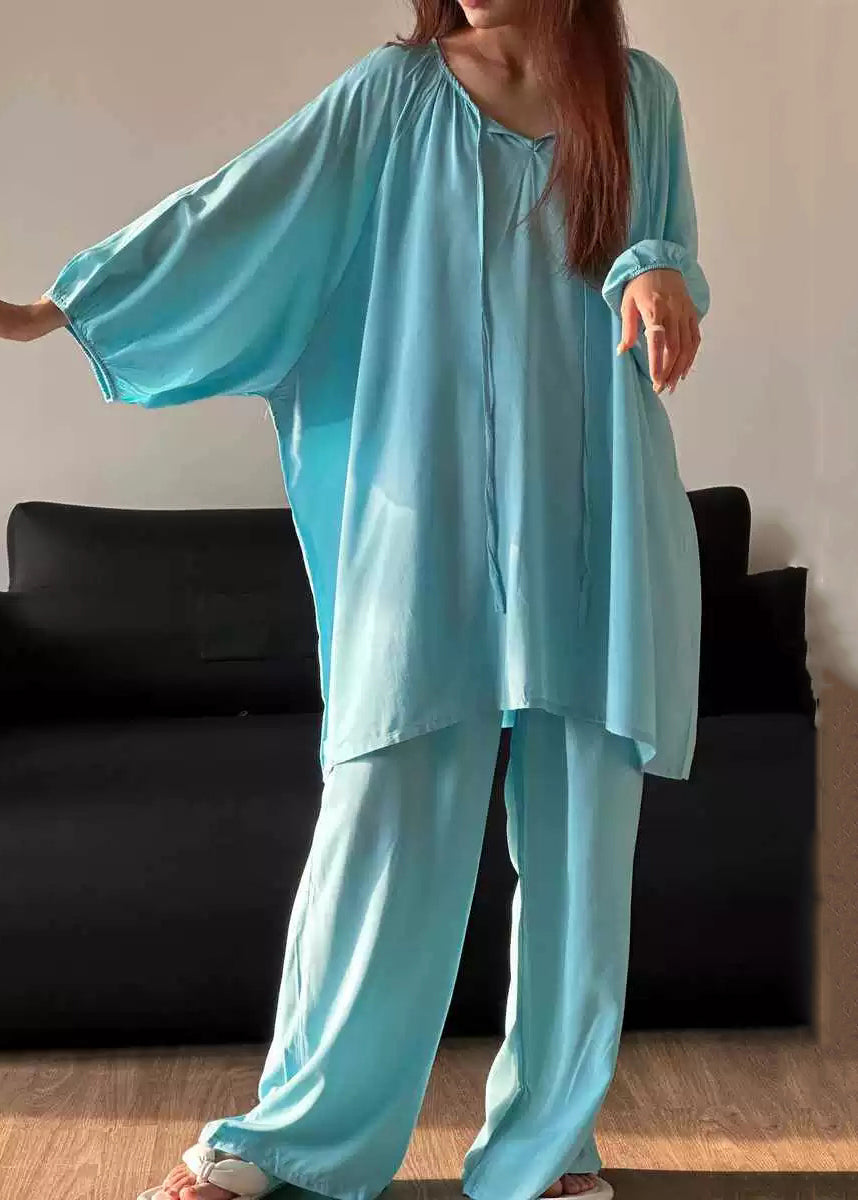 Simple Blue O Neck Lace Up Solid Cotton Pajamas Two Piece Set Fall
