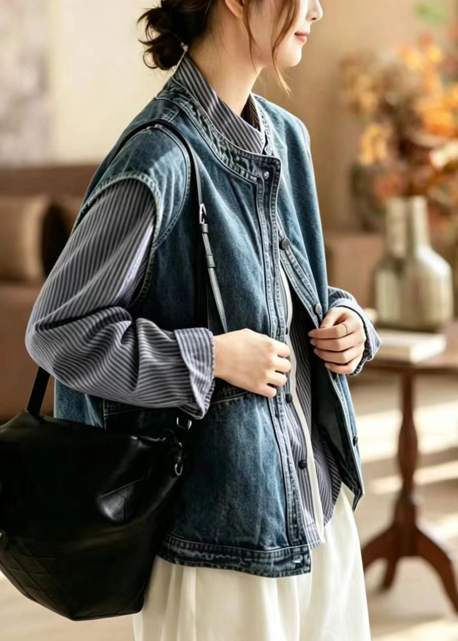 Simple Blue O-Neck Layering Denim Vest Sleeveless