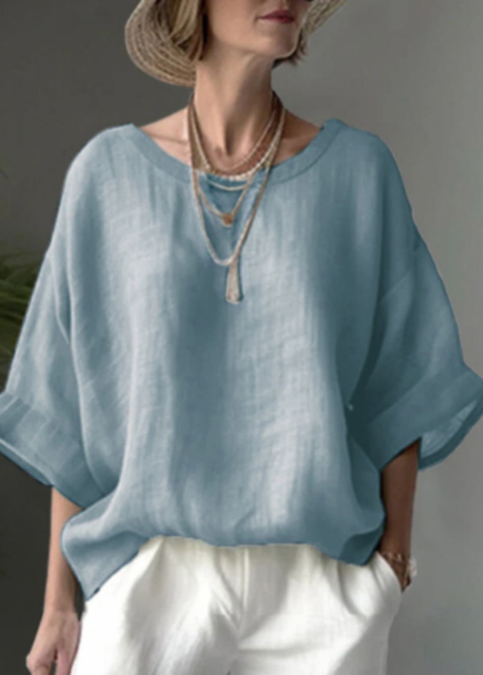 Simple Blue O Neck Loose Cotton Shirt Tops Summer