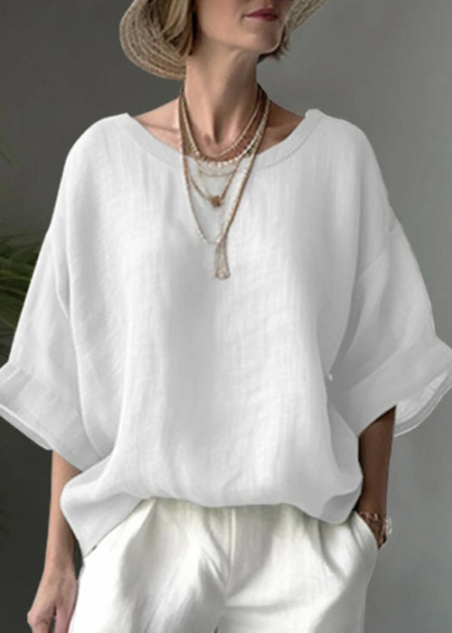 Simple Blue O Neck Loose Cotton Shirt Tops Summer