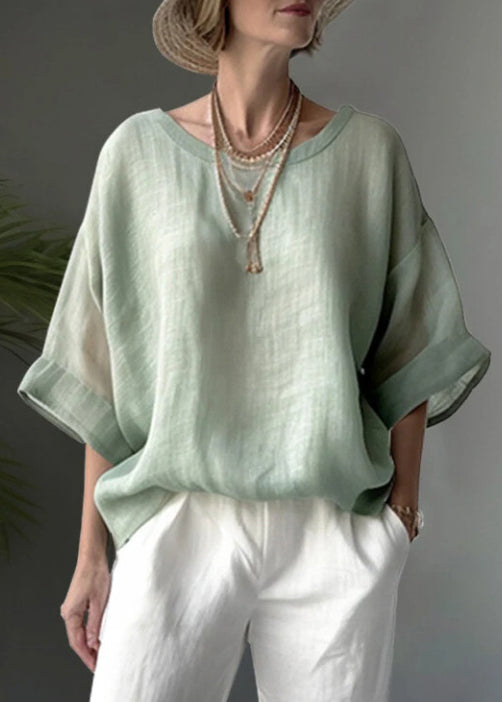 Simple Blue O Neck Loose Cotton Shirt Tops Summer