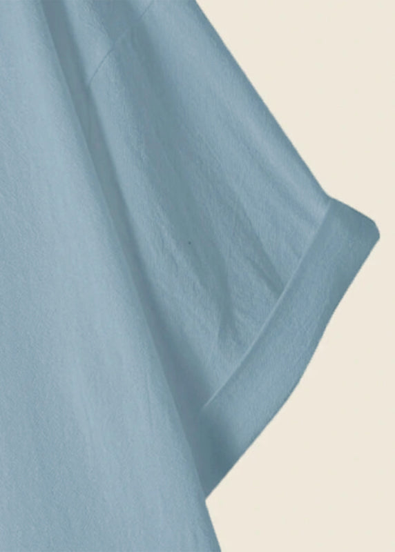 Simple Blue O Neck Loose Cotton Shirt Tops Summer