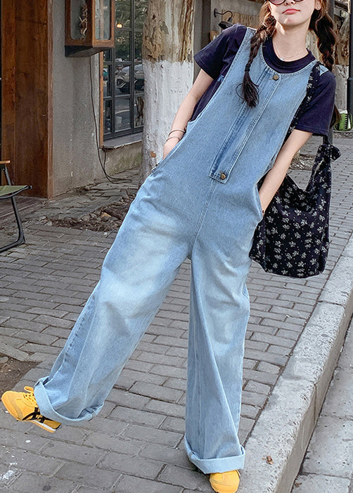 Simple Blue O-Neck Pockets Denim Jumpsuit Sleeveless