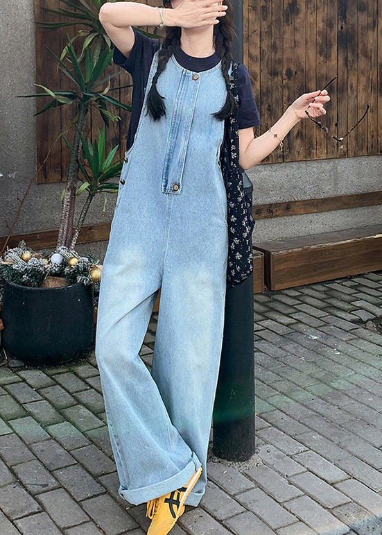 Simple Blue O-Neck Pockets Denim Jumpsuit Sleeveless