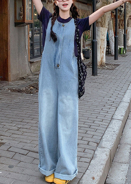 Simple Blue O-Neck Pockets Denim Jumpsuit Sleeveless