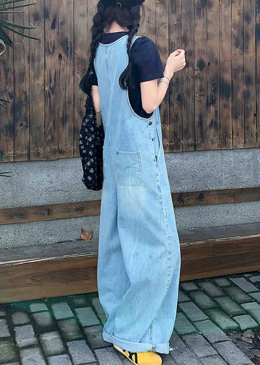 Simple Blue O-Neck Pockets Denim Jumpsuit Sleeveless