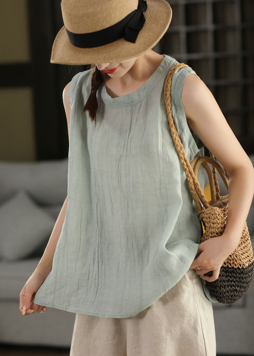 Simple Blue O Neck Wrinkled Linen Blouses Sleeveless