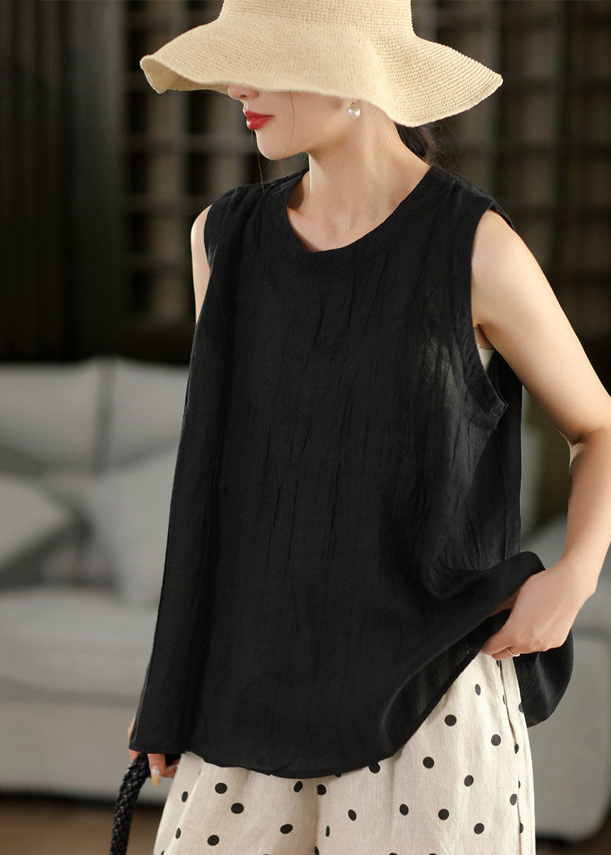 Simple Blue O Neck Wrinkled Linen Blouses Sleeveless