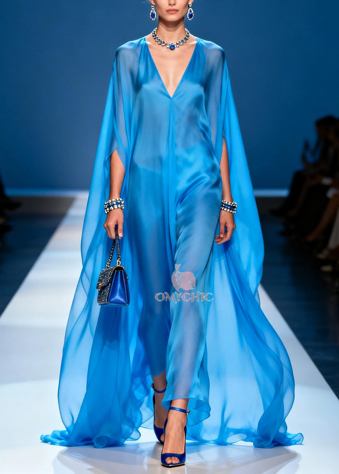 Simple Blue Oversized Draping Chiffon Holiday Dress Summer