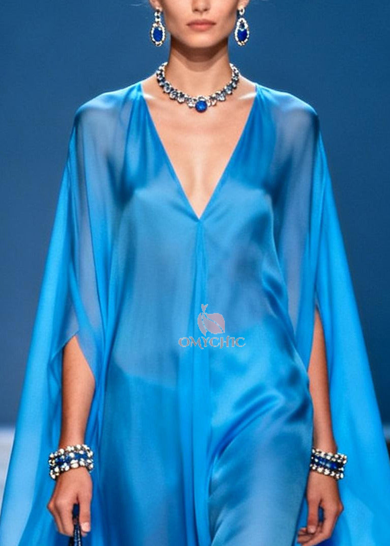 Simple Blue Oversized Draping Chiffon Holiday Dress Summer