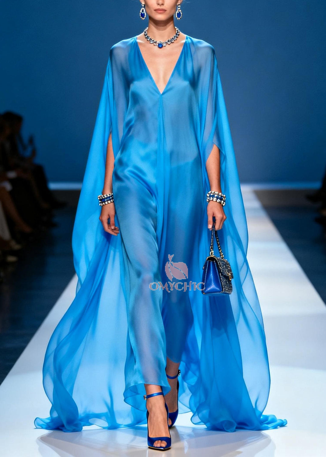 Simple Blue Oversized Draping Chiffon Holiday Dress Summer