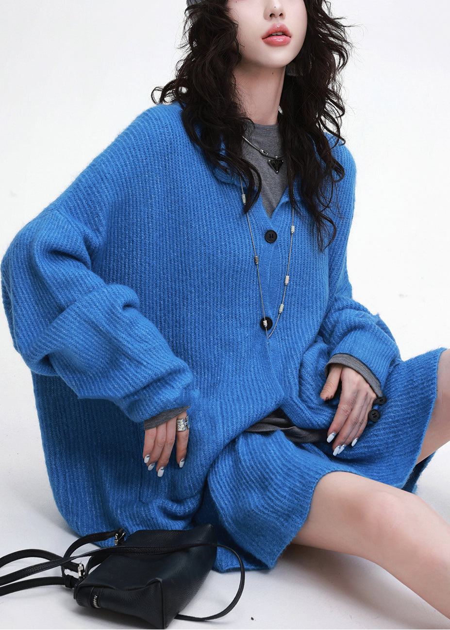 Simple Blue Oversized Pockets Knit Cozy Sets 2 Pieces Spring