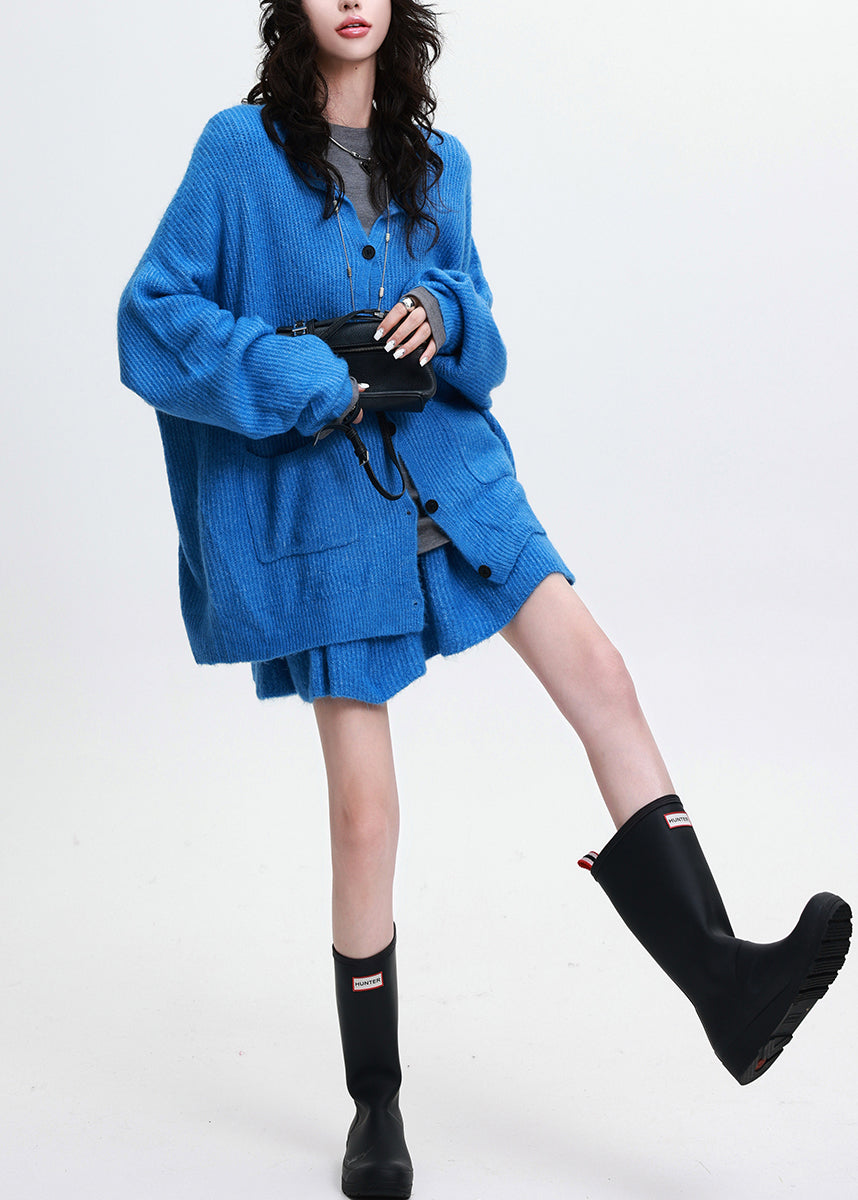 Simple Blue Oversized Pockets Knit Cozy Sets 2 Pieces Spring