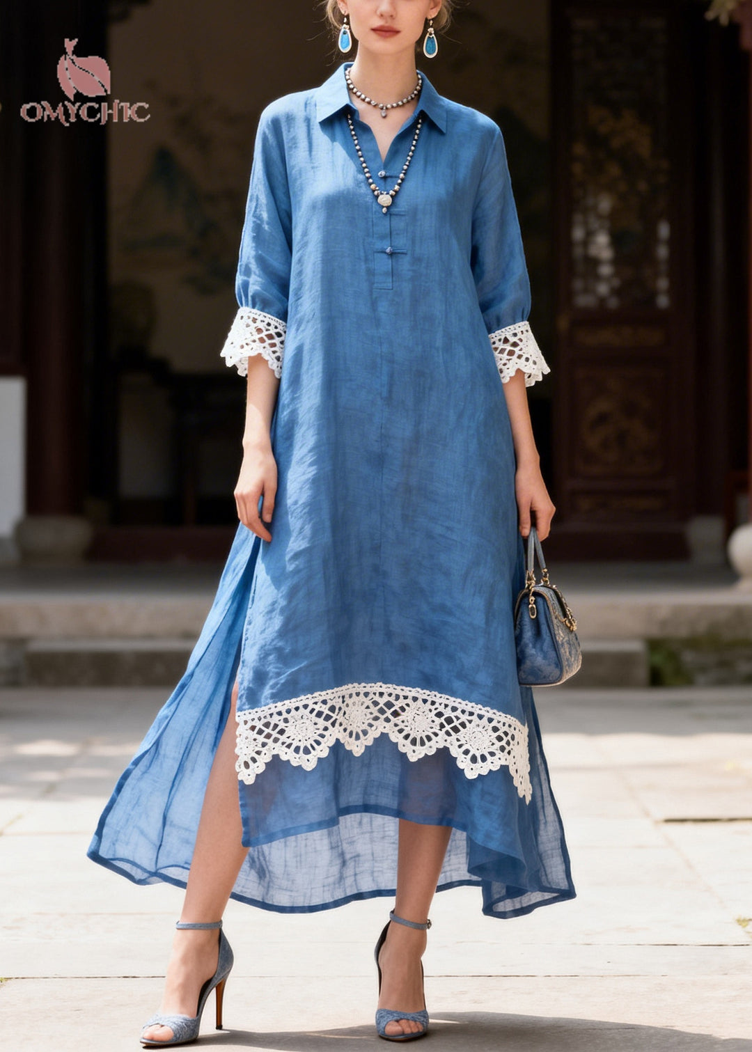 Simple Blue Peter Pan Collar Patchwork Lace Shirt Dresses Summer