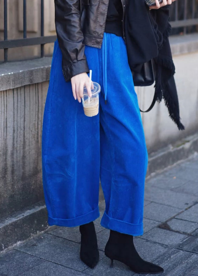 Simple Blue Pockets Elastic Waist Corduroy Wide Leg Pants Fall
