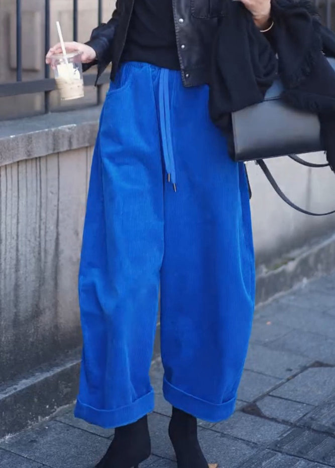 Simple Blue Pockets Elastic Waist Corduroy Wide Leg Pants Fall