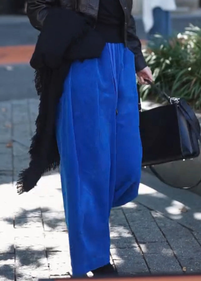 Simple Blue Pockets Elastic Waist Corduroy Wide Leg Pants Fall