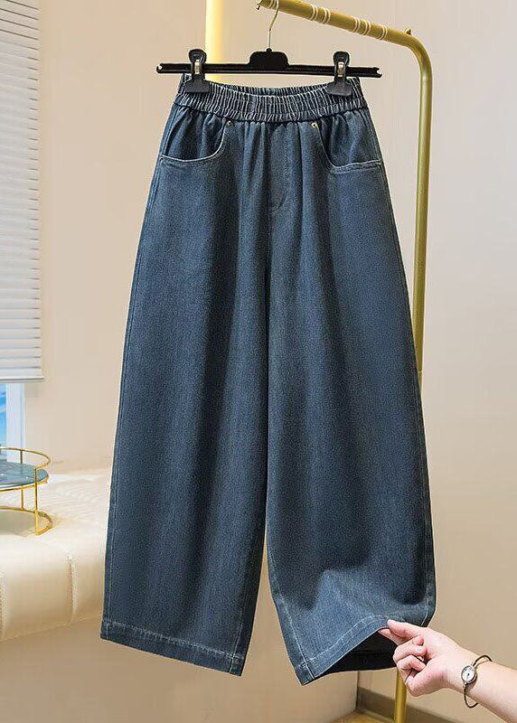 Simple Blue Pockets Elastic Waist Denim Crop Pants Spring