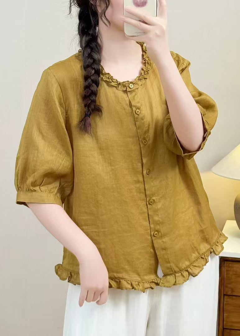 Simple Blue Ruffled Linen Blouse Tops Half Sleeve
