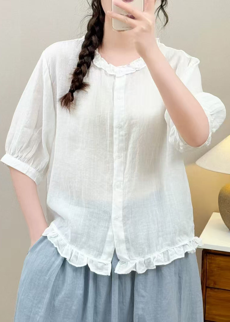 Simple Blue Ruffled Linen Blouse Tops Half Sleeve