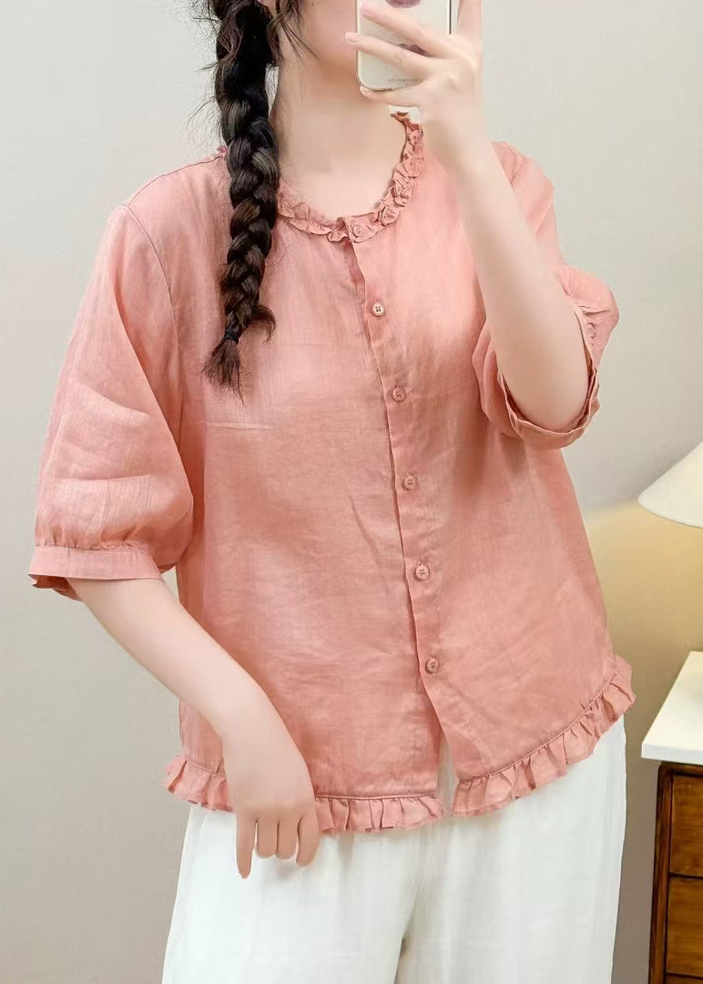 Simple Blue Ruffled Linen Blouse Tops Half Sleeve
