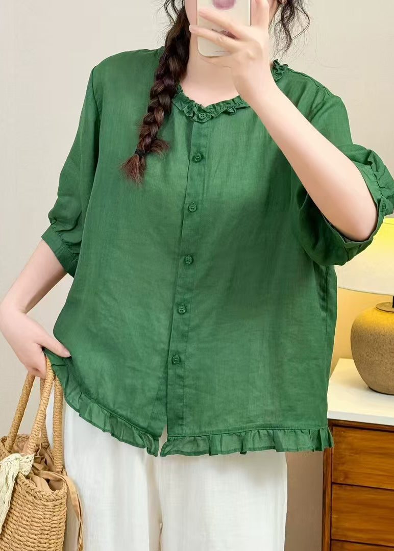 Simple Blue Ruffled Linen Blouse Tops Half Sleeve