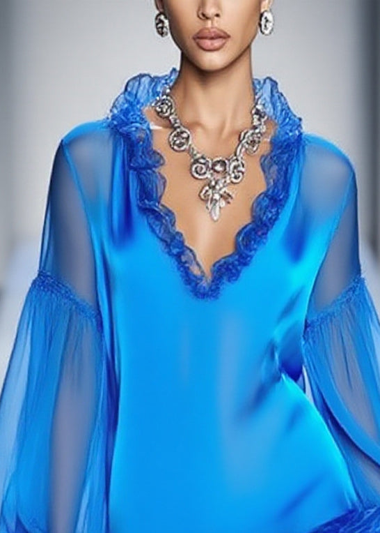 Simple Blue Ruffled Patchwork Chiffon Mini Dress Spring - Omychic