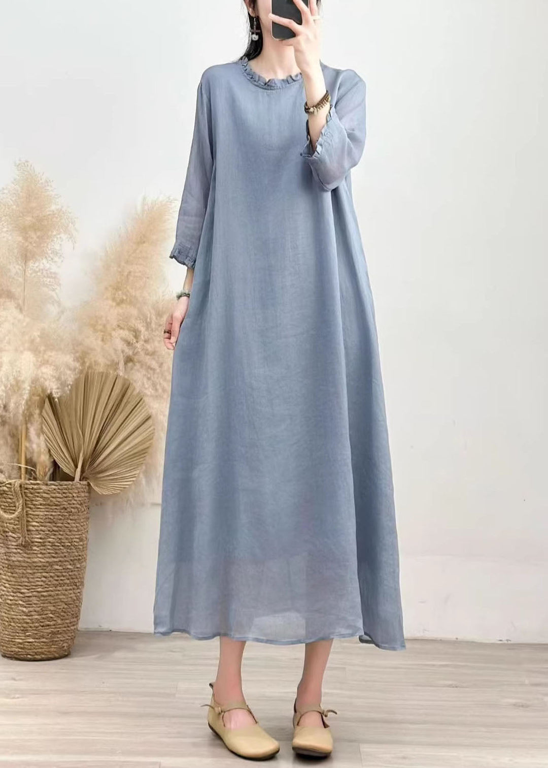Simple Blue Ruffled Patchwork Linen Long Dress Summer