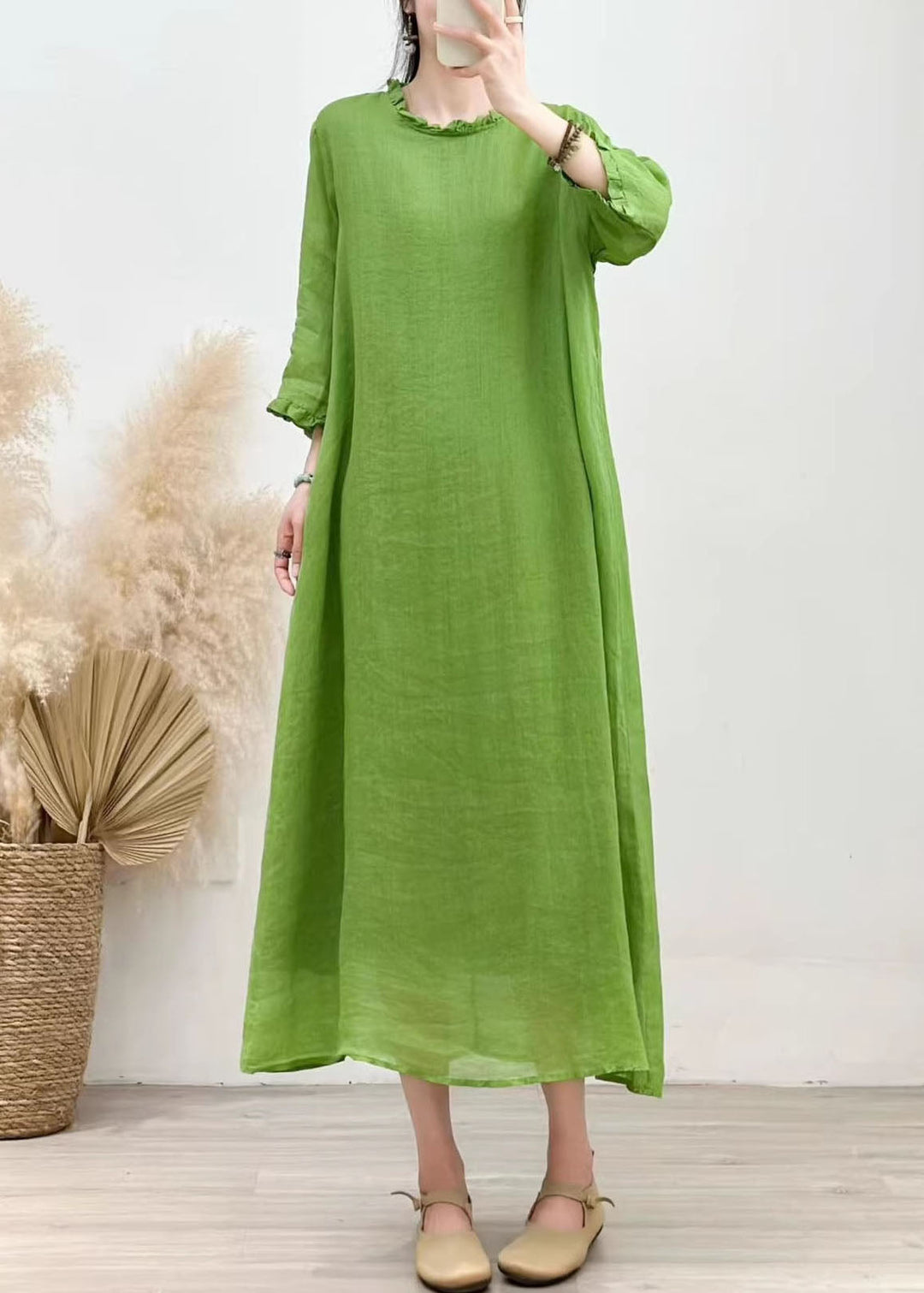 Simple Blue Ruffled Patchwork Linen Long Dress Summer