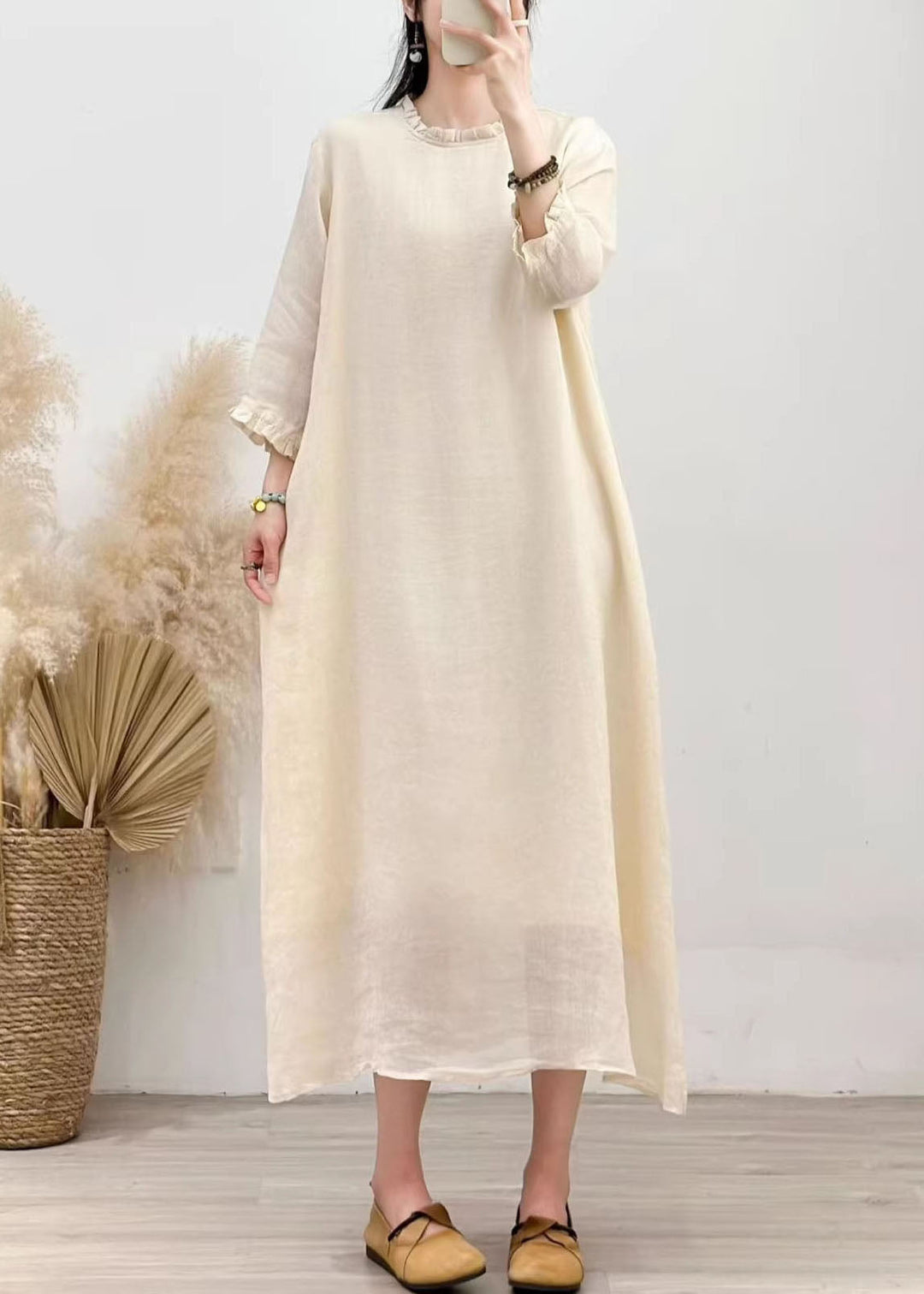 Simple Blue Ruffled Patchwork Linen Long Dress Summer