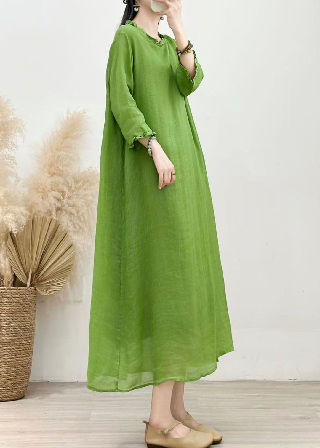 Simple Blue Ruffled Patchwork Linen Long Dress Summer