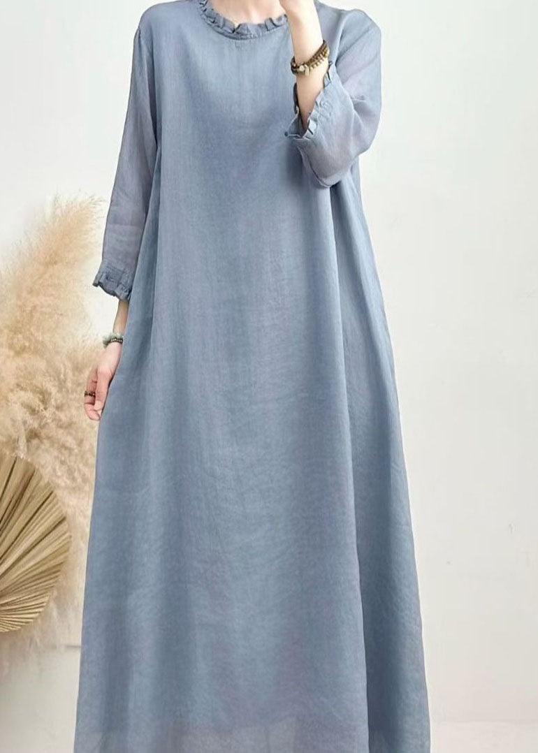 Simple Blue Ruffled Patchwork Linen Long Dress Summer