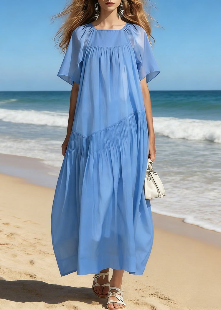 Simple Blue Square Collar Wrinkled Cotton Long Dresses Summer - Omychic