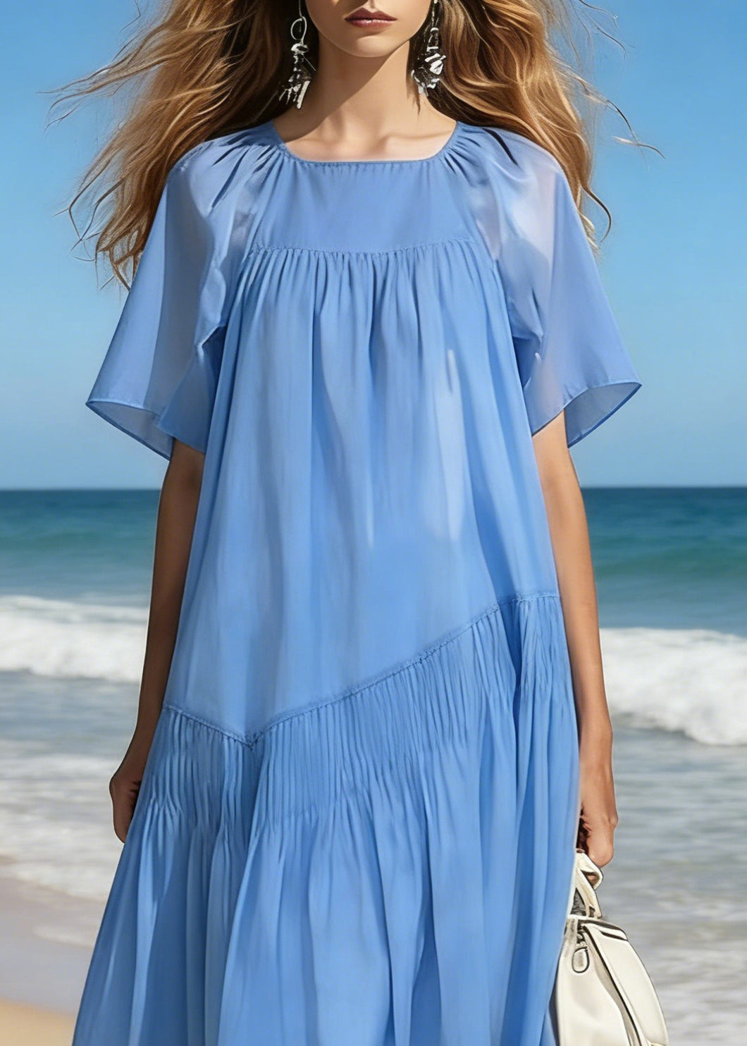Simple Blue Square Collar Wrinkled Cotton Long Dresses Summer - Omychic