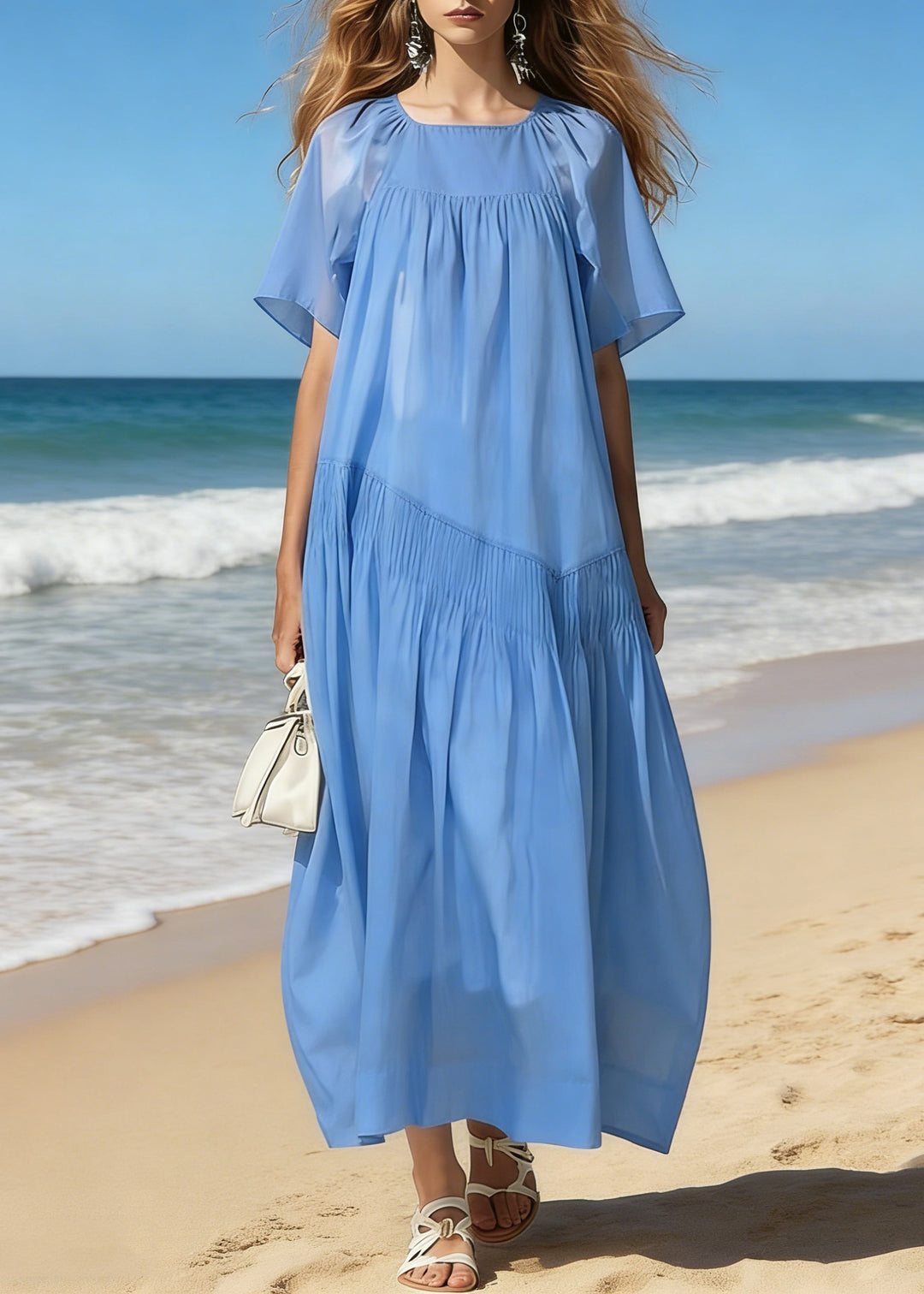 Simple Blue Square Collar Wrinkled Cotton Long Dresses Summer - Omychic
