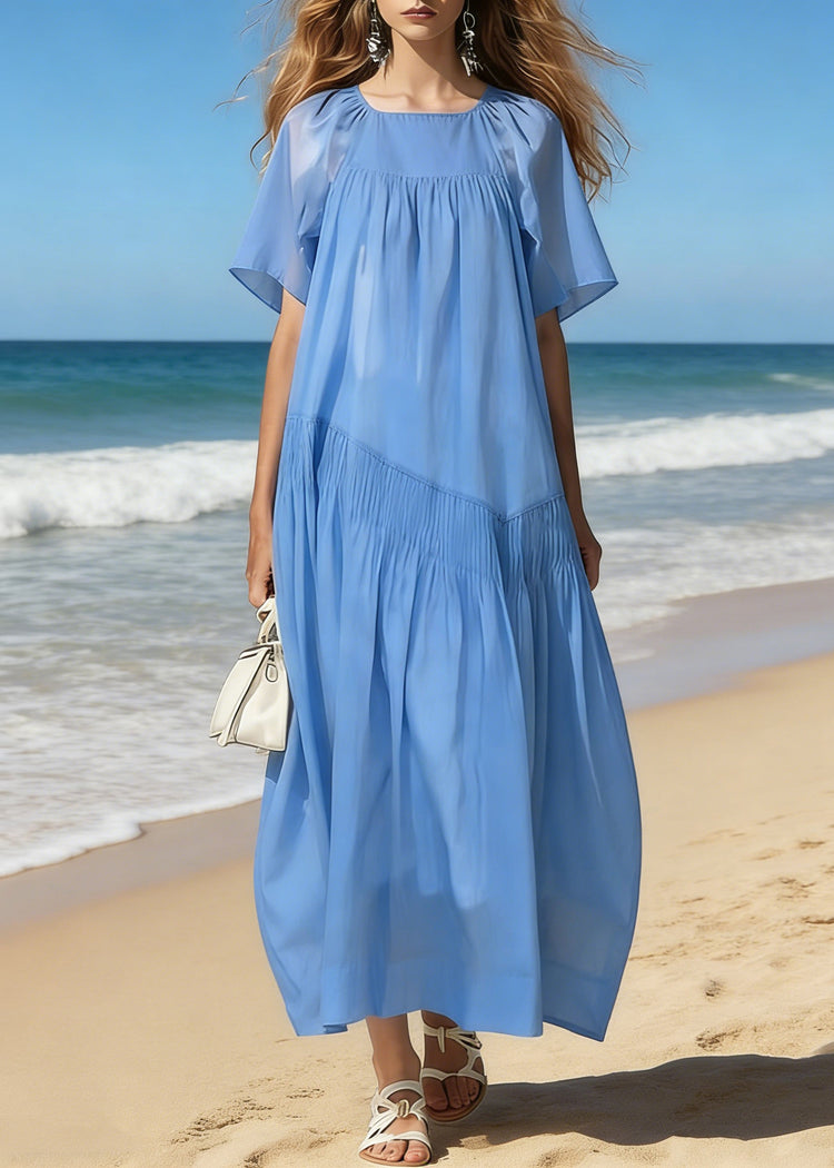 Simple Blue Square Collar Wrinkled Cotton Long Dresses Summer - Omychic