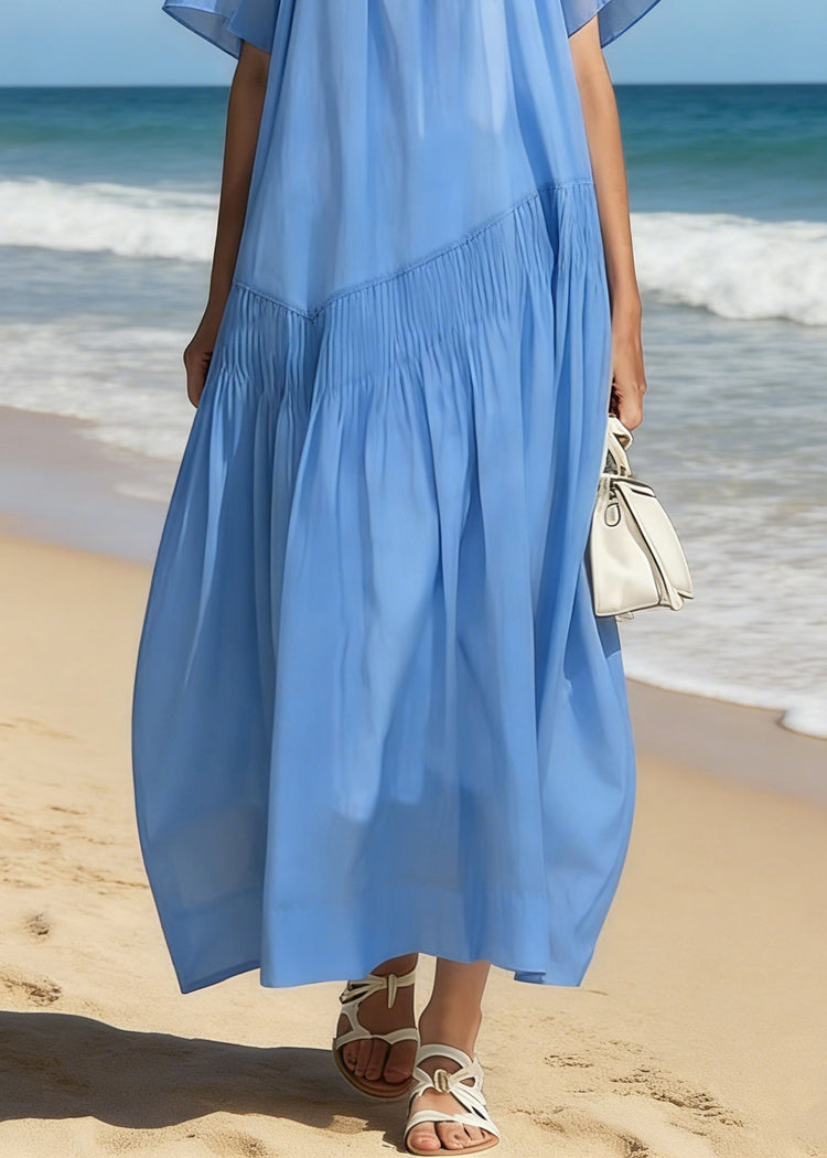 Simple Blue Square Collar Wrinkled Cotton Long Dresses Summer - Omychic