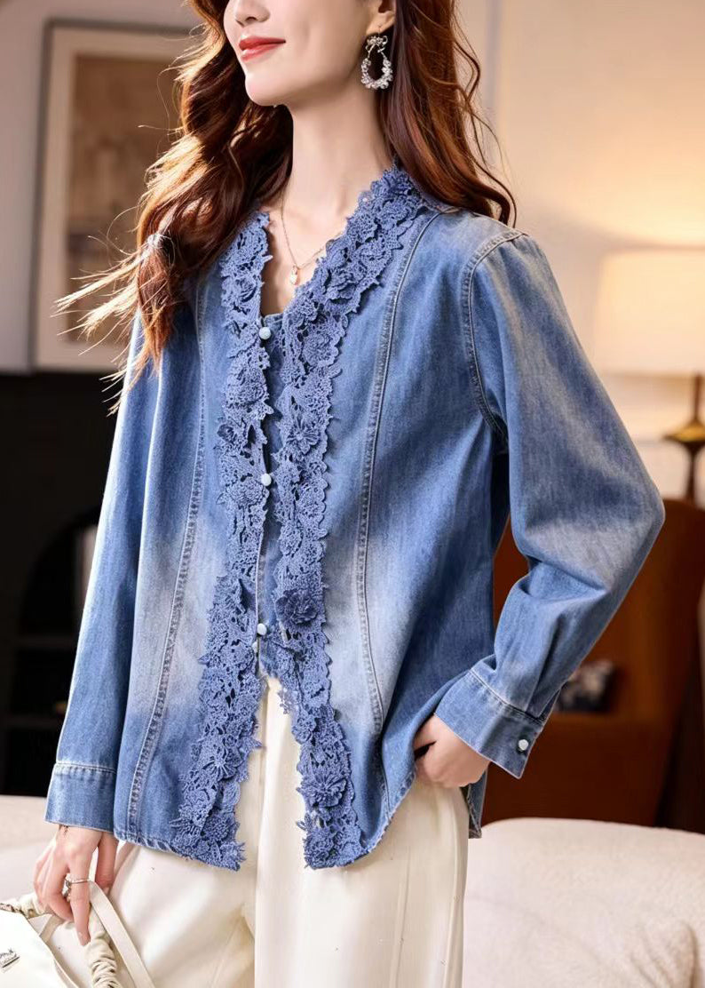 Simple Blue V Neck Lace Patchwork Denim Blouses Fall