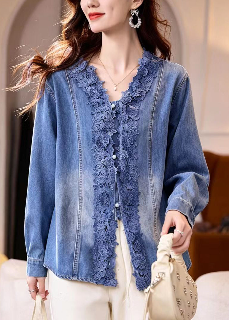 Simple Blue V Neck Lace Patchwork Denim Blouses Fall