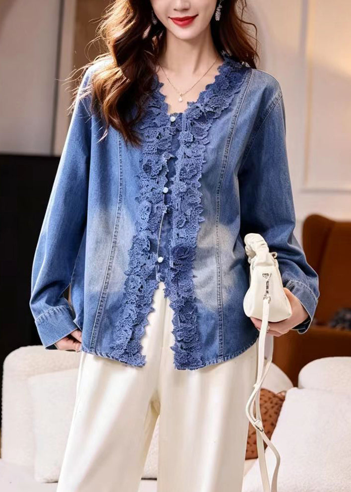 Simple Blue V Neck Lace Patchwork Denim Blouses Fall