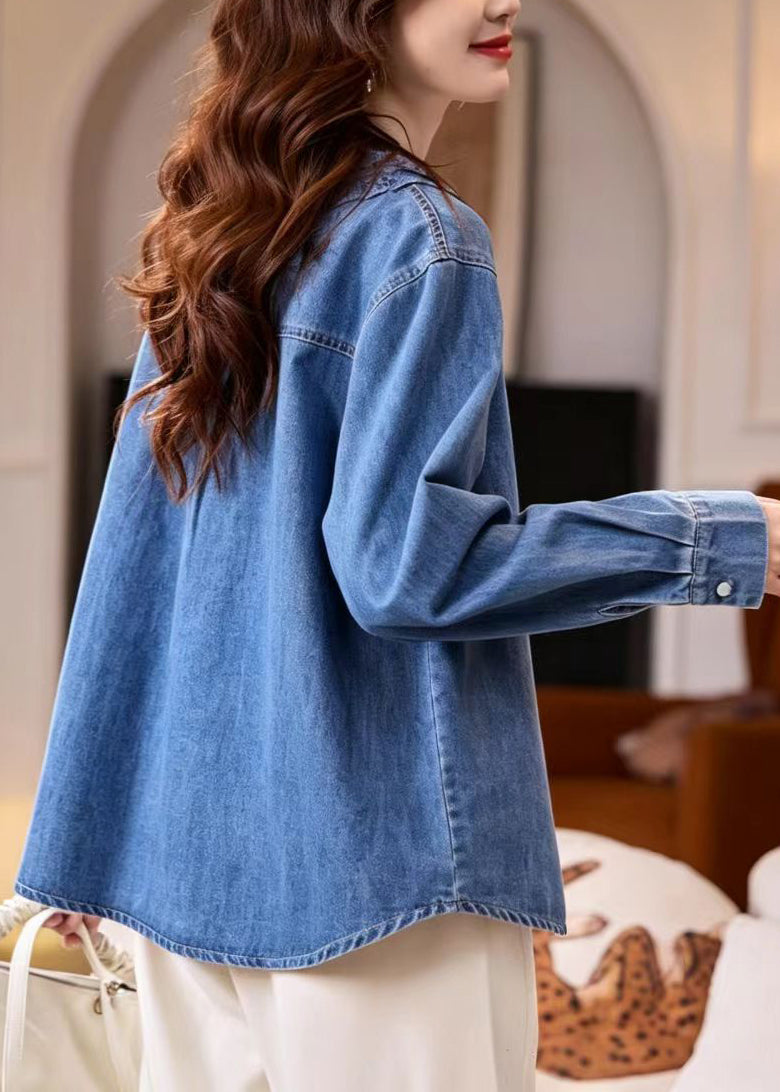 Simple Blue V Neck Lace Patchwork Denim Blouses Fall