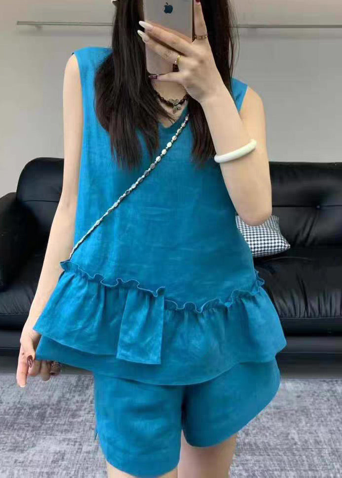 Simple Blue V Neck Ruffled Linen Two Piece Set Sleeveless