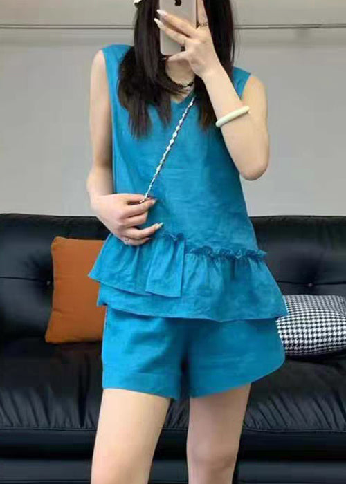 Simple Blue V Neck Ruffled Linen Two Piece Set Sleeveless