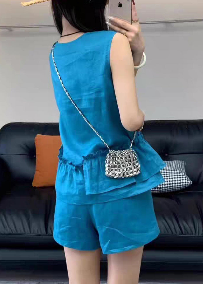 Simple Blue V Neck Ruffled Linen Two Piece Set Sleeveless