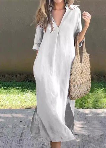 Simple Blue V Neck Side Open Linen Long Dress Summer