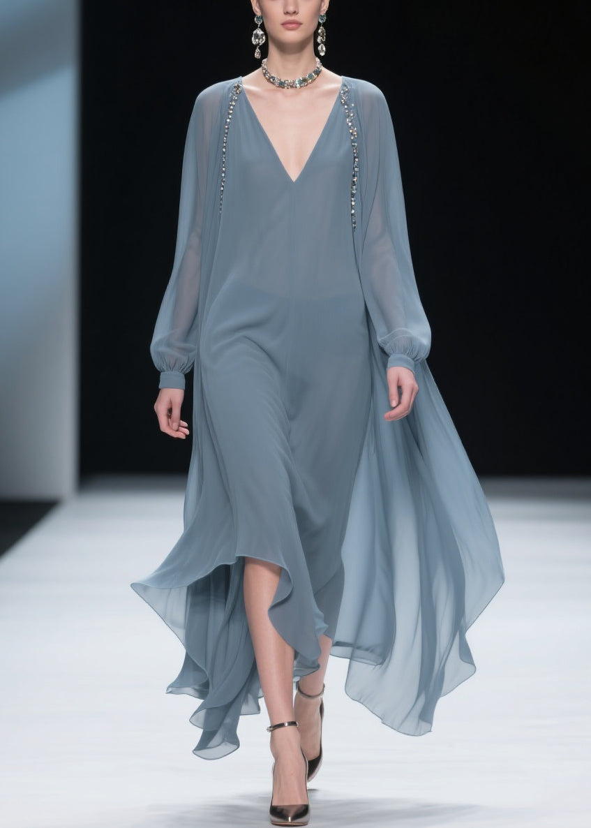 Simple Blue V Neck Solid Chiffon Long Dress Spring