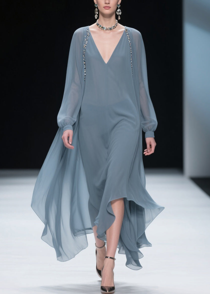 Simple Blue V Neck Solid Chiffon Long Dress Spring